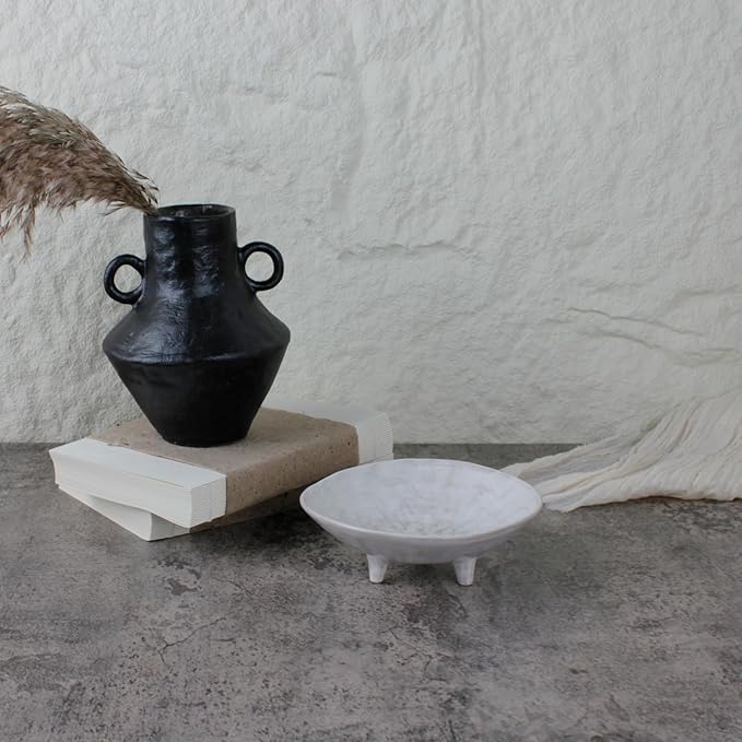 Wabi Sabi Footed Decorative Bowl, Multi-Purpose Small Ceramic Bowl, Vintage Rustic Boho Shelf Table Decor, Natural White