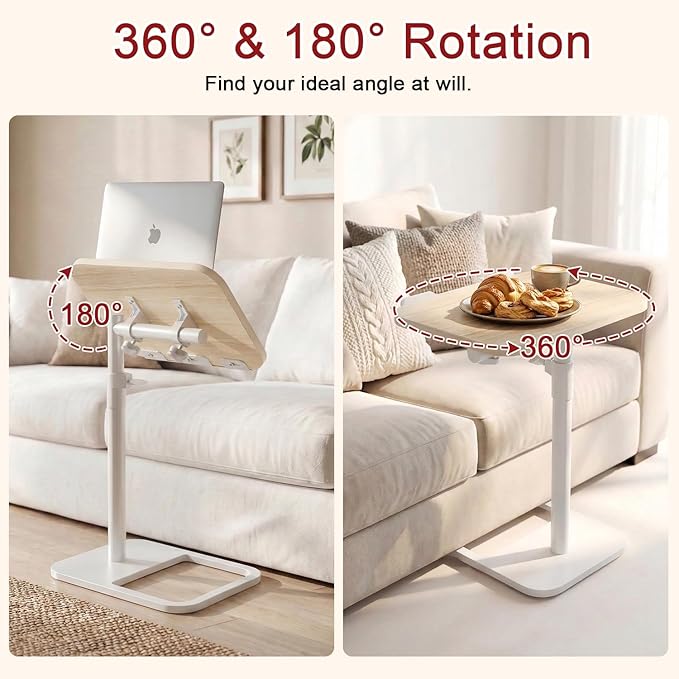 GOYLSER TV Tray Table for Couch, Height Adjustable/360° Swivel/180° Flip-Over Panel Design C-Shaped End Table, Sofa End Side Table with Phone & Tablet Slot for Eating, Laptop, Couch (Natural)