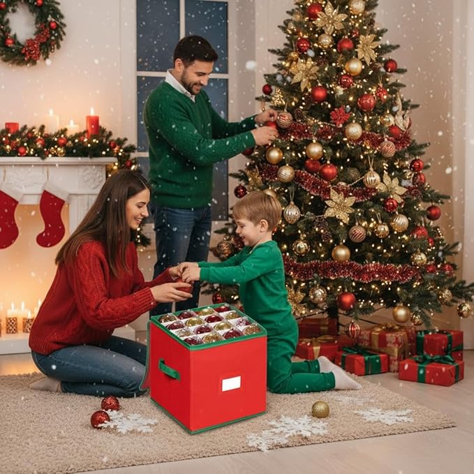 Christmas Ornament Organizer and Storage Box - Tear-Proof Non-Woven Container with 3-Inch Cube Compartments and Dual Zippers - Holds 64 Ornaments - Red