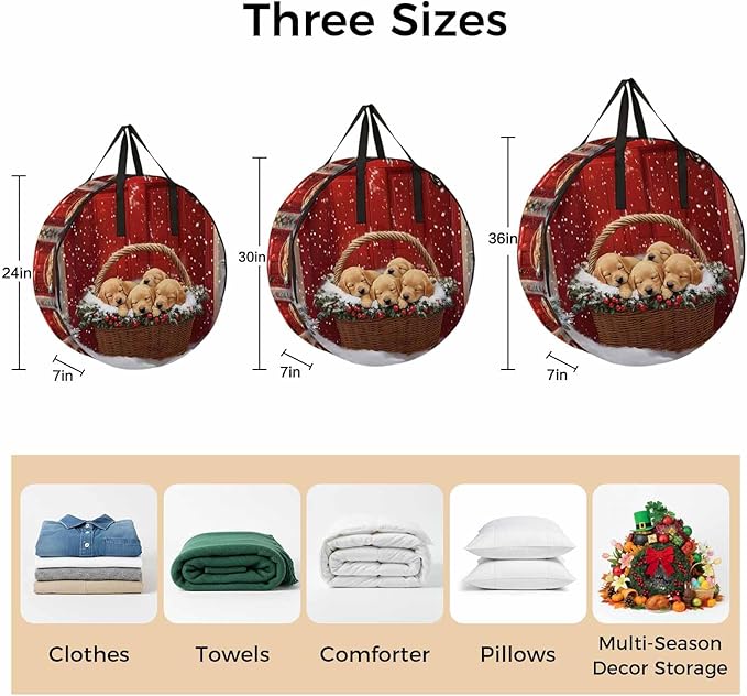 Winter Christmas Round Storage Bag 30 Inch, Golden Retriever Basket Red Front Door Clothes Storage Container with Handles Heavy Duty Organizer for Comforter, Bedding & Holiday Wreaths