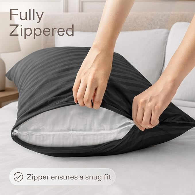 Ultra Soft Pillow Protectors with Zipper King Size - Set of 4 Breathable Pillow Covers - 100% Protection Against Stains, Dust & Dirt - Machine Washable (Striped Black)