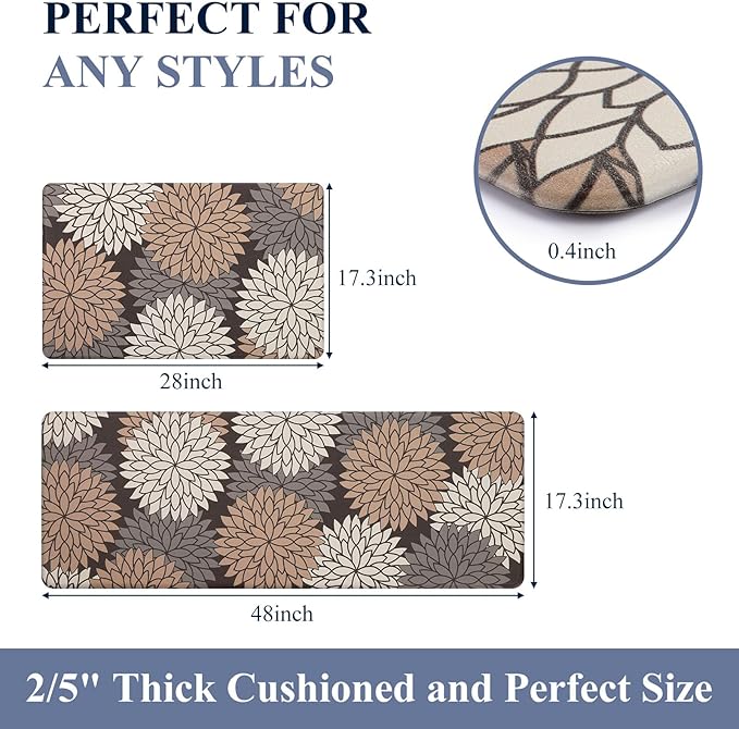 HEBE Anti Fatigue Kitchen Rugs Sets of 2, Non Slip Kitchen Mats for Floor, Waterproof Cushioned Comfort Standing Carpet for Kitchen Sink, Home Office, Laundry Room