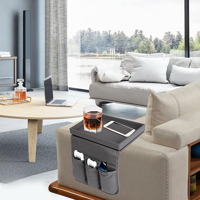 Couch Caddy, Armchair caddy with Detachable Tray, Non-Slip PU Leather Remote Control Holder for Recliner with 5 Pockets (Light Grey)