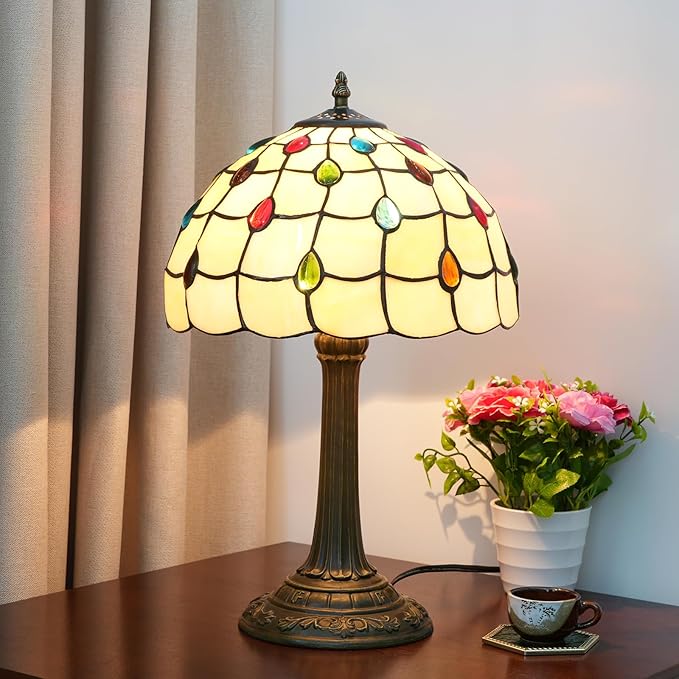 Tiffany Lamp Stained Glass lamp 12 inches Bedside Table Lamps for Living Room Bedroom Dorm Kitchen Home Decor Festival Birthday Gift,Colorful Beads