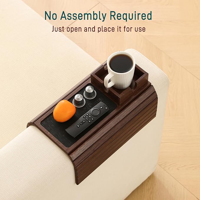 Bamboo Couch Cup Holder Arm Tray Table with Anti-Slip Cork Pad，Couch Drink Holder，Sofa Cup Holder Armrest Tray，Foldable Arm Chair Table Recliners for Drink, Cups, Eats，Snacks, Phone, Remote (Brown)