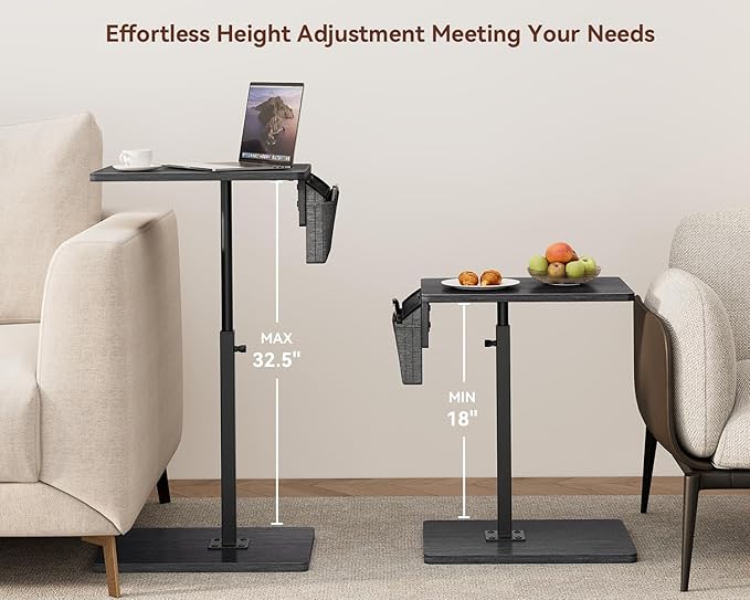 Vagusicc Sofa Armrest Tray Table for Couch, 360° Swivel Height Adjustable TV Tray Table for Small Spaces, Snack Side Table for Couch, Bed, Chair, C Shaped End Side Table for Eating, Reading, Laptop