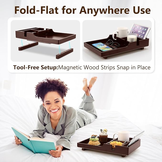 Sofa Insert Tray for Middle Seat,Bamboo Couch Table with 2 Cup Holders,Fits Armless Sofa & Sectionals,Fold-Flat Tray for Drinks,Snacks & Remotes,Brown