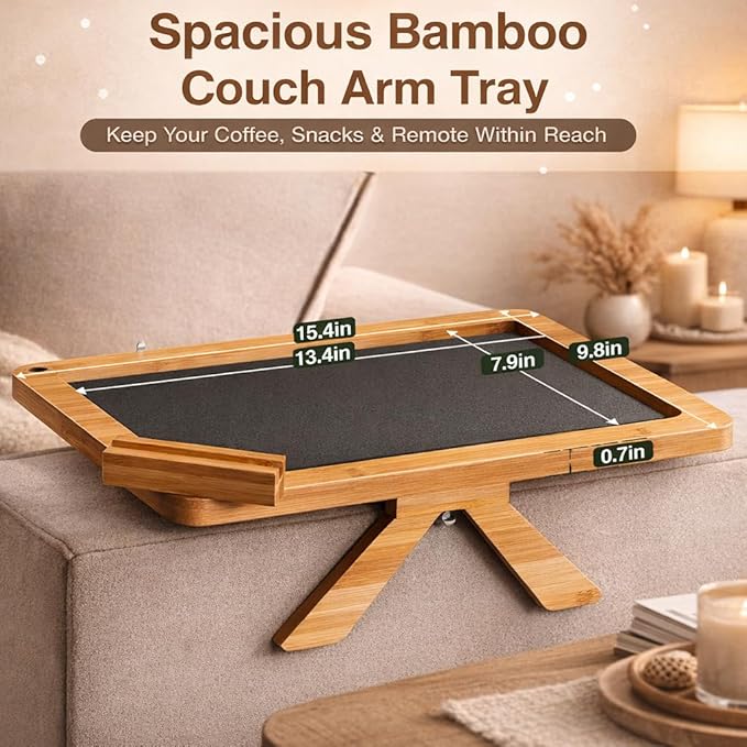 Couch Arm Tray Table with Adjustable Legs – Bamboo Sofa Arm Tray with Removable Phone Holder & Non-Slip Mat – Couch Armrest Table for Drinks, Snacks & Remote – Fits Sofa Arms up to 8.8"