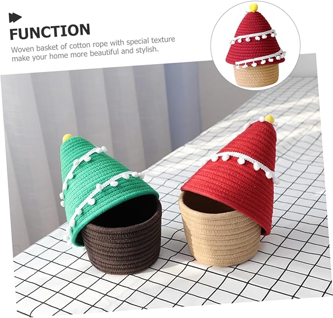 Hemobllo Christmas Tree Woven Cotton Rope Basket with Lid Decorative Sundries Storage Container for Living Bedroom and Bathroom Organization Cute Nordic Style Red Holiday Organizer