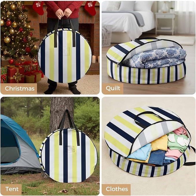 Storage Bag Navy Blue Yellow Stripes Round Storage Totes Bins Closet Organizers with Zippers & Handle Contrast Striped Clothes Storage Container for Bedroom Dorm Space Saving Packing Supplies Bags