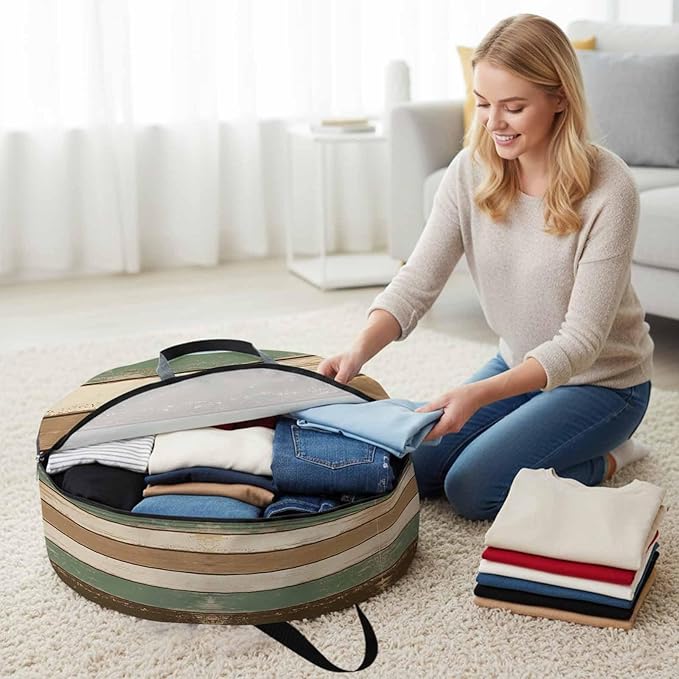 Retro Round Storage Bag 36 Inch, Brown Green Stripe Antique Wood Background Clothes Storage Container with Handles Heavy Duty Organizer for Comforter, Bedding & Holiday Wreaths