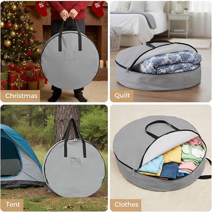 36 Inch Round Storage Bag 2 Pack,Grey Solid Color Waterproof Wreath Storage Container with Handles&Zipper Minimalist Art Closet Organizer Bags Garland Box