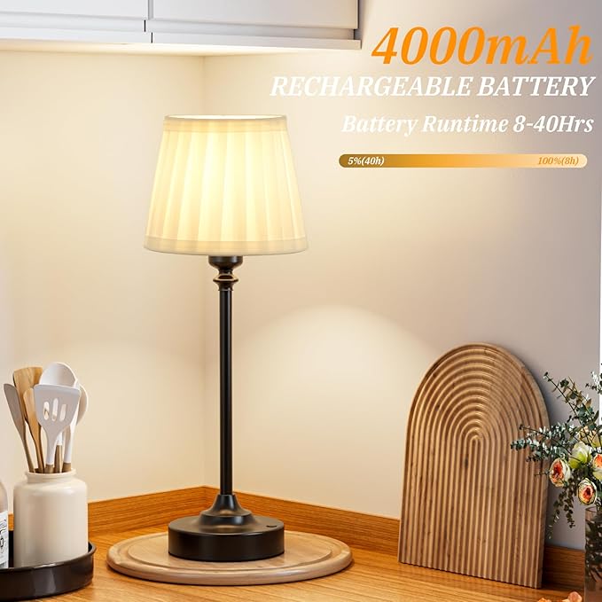 Kakanuo Cordless Table Lamp Rechargeable Black - 1 Pack 4000mAH Battery Operated Lamp for Decor, 3000K Stepless Dimming Touch Control Wireless Lamp for Bedroom, Dining Table, Kitchen, Living Room