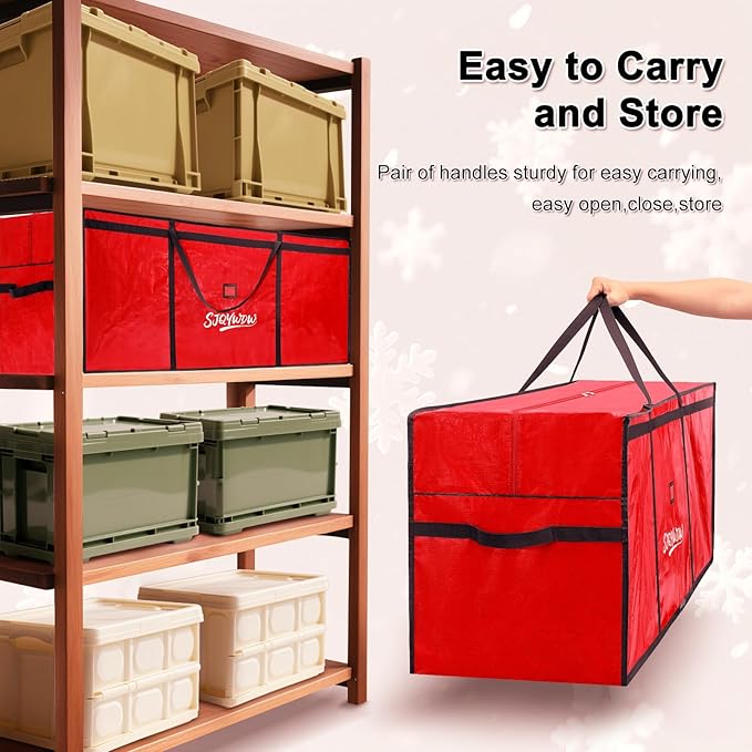 Christmas Tree Storage Bag 9ft, Heavy Duty Artificial Xmas Bag with Reinforced Handles, Dual Zippers Wide Opening, Two Mesh Pockets, PE Large Storage Container for Decorations Trees (Red)