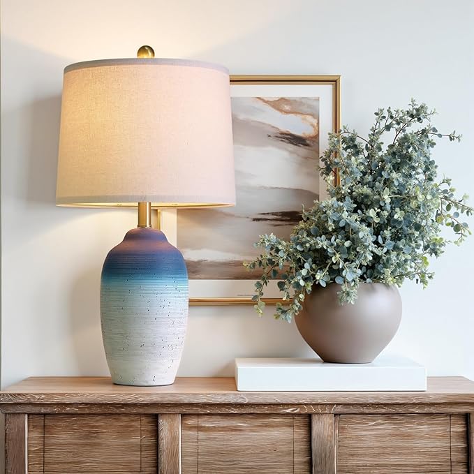 USumkky 24.5" Vintage Ceramic Table Lamp with 5FT Cord - Single Farmhouse Rustic Bedside Lamp with Natural Textured Finish, Nightstand Lamps for Living Room, Bedroom, End Table, Office White and Blue