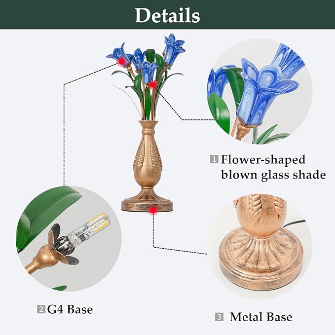 Skyblaze Classic Style Table Lamp with Flower Glass Shade, Elegant Flower Night Light, Art Deco Accent Table Lamp for Bedroom Living Room (Blue, 5 Lights)