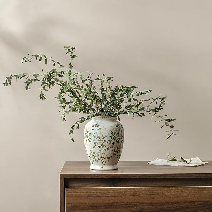 for Mom from Daughter or Son, Vintage Green & Beige Round Chinoiserie Ceramic Vase 8”, Ice Crack Floral Retro Decor for Living Room, Bookshelf, Office, Rustic Table Centerpiece