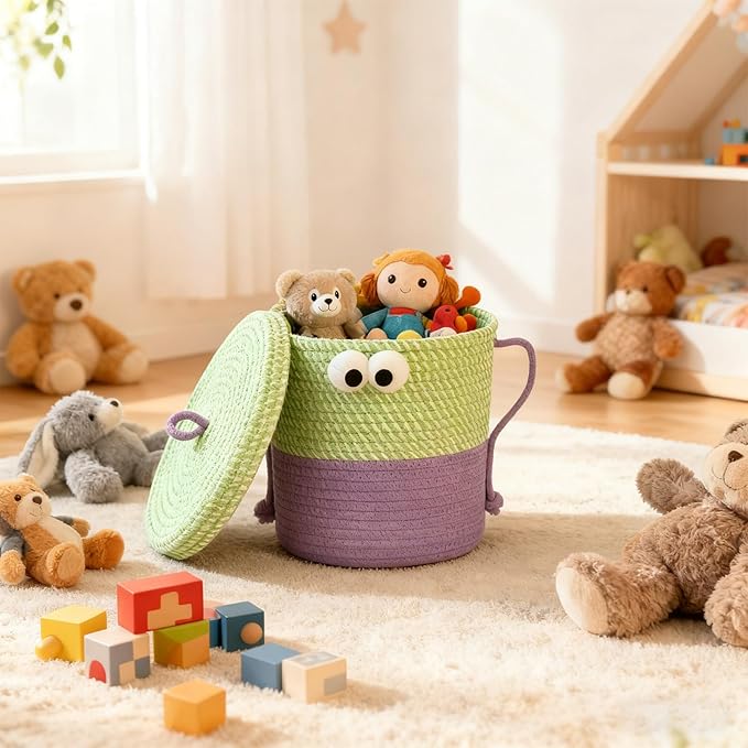Cotton Rope Storage Basket with Lid & Handles, Cute Monster Decor Basket for Nursery, Toys, Diapers, Baby Shower & Easter Gift, 9.8" x 9.8" (Green & Purple)