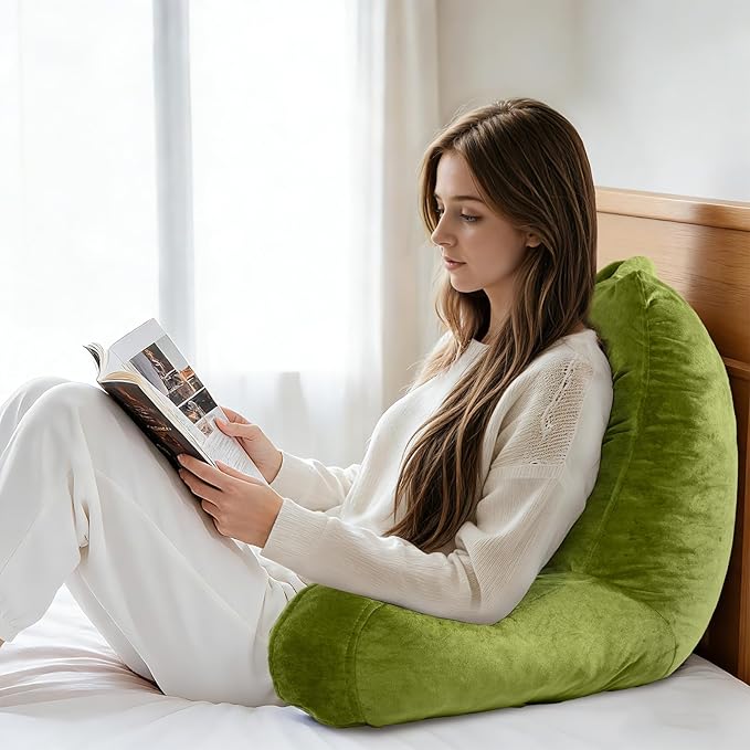 OAISZ Reading Pillow for Sitting in Bed Adult, X-Large Reading Pillow with Shredded Memory Foam, Back Pillow for Sitting Up with Extend Arms, Pockets, Bed Pillow with Washable Cover, FluorescentGreen