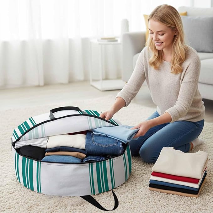 Storage Bag Teal Green Stripes Round Storage Totes Bins Closet Organizers with Zippers & Handle Simple Style Clothes Storage Container for Bedroom Dorm Space Saving Packing Supplies Moving Bags