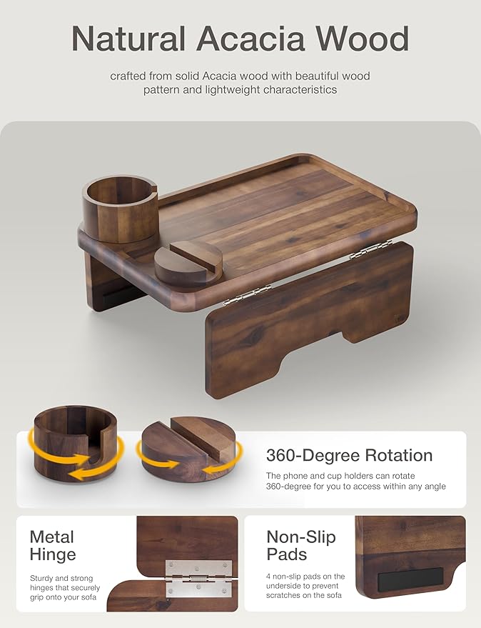 HOLANA Acacia Wood Couch Arm Tray, 15.74”x9.8” Arm Table for Couch - Couch Cup Holder Tray with Rotated Phone Holder, Cup Holder - Clip on Sofa Armchair Caddy with Non-Slip Pad (Walnut Color)