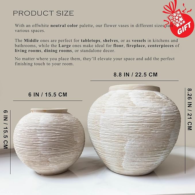 Large Rustic Farmhouse Vase - 8.8 in Ceramic Boho Decorative Vase for Home Decor, Round Clay Whitewashed Terracotta Bowl vase for Living Room, Table, Shelf, Centerpieces