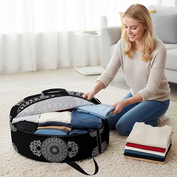 Storage Bag Black Boho Round Storage Totes Bins Closet Organizers with Zippers & Handle Gorgeous Bohemian Flower Clothes Storage Container for Bedroom Dorm Space Saving Packing Supplies Moving Bags