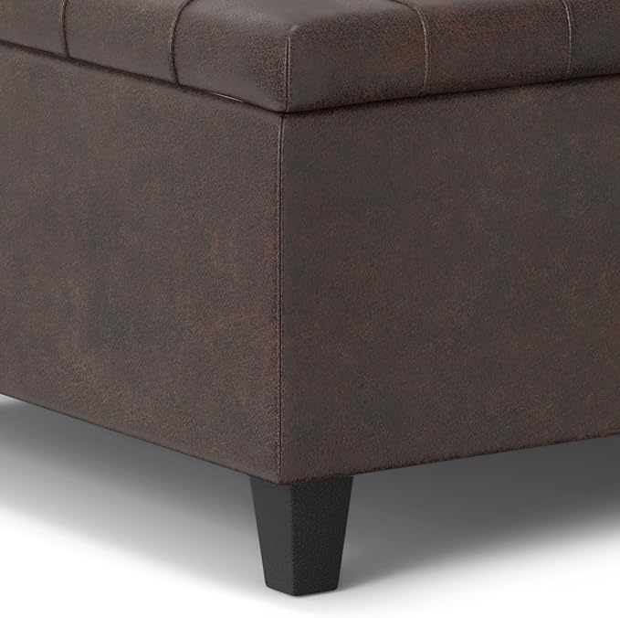 SIMPLIHOME Harrison Small Coffee Table Storage Ottoman - 30 inch Wide Upholstered Vegan Leather Square Lift-Top Ottoman in Distressed Brown, Transitional Ottoman for Living Room with Hidden Storage