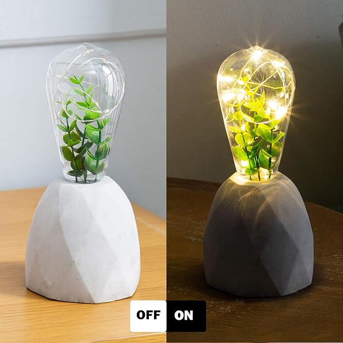 walsport Table Lamp Edison Bulb with Artificial Plant, Concrete Cement Grey Base Nightstand Bedside Lamp, Industrial Minimal Style for Cafe Shop Home Decor Christmas Birthday Christmas Gift