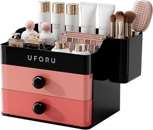 Makeup Organizer for Vanity with Brush Holder, Countertop Skincare Organizer with 2 Drawers, Spacious Cosmetic Display Case for Perfumes, Eyeshadow Palettes, Nail Polishes
