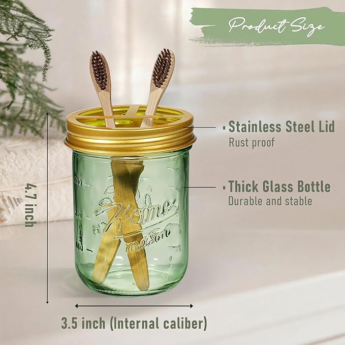 SheeChung Mason Jar Toothbrush Holder, Green Glass Toothbrush Holder for Bathroom Countertop Organizer, Stainless Steel Lid, Electric Toothbrush Toothpaste Holder Storage, Gold Bathroom Accessories