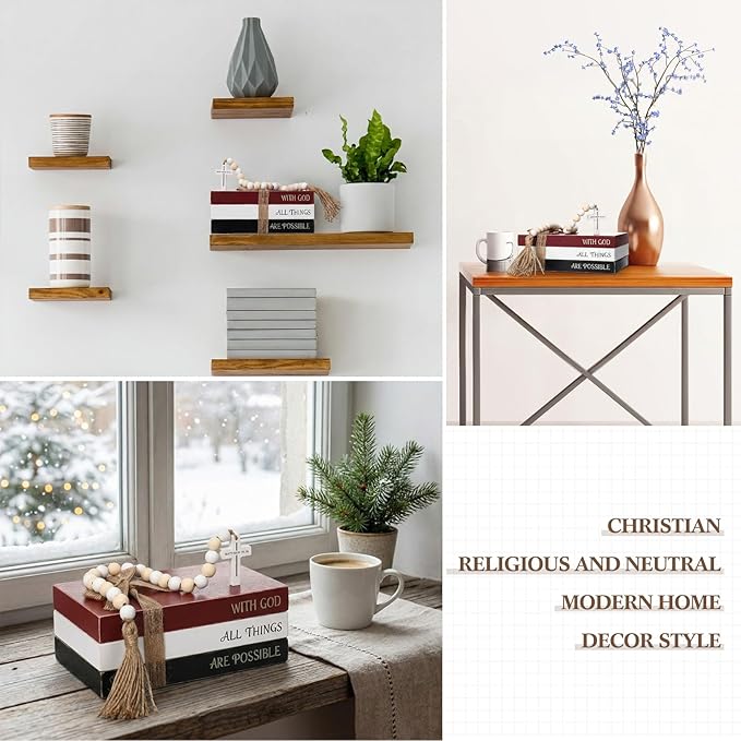 Tatuo 4 Pcs Wooden Farmhouse Decorative Books for Home Decor Coffee Table Faux Books for Decoration White Fake Decorative Stacked Display Set with Beads Garland Shelf Living Room Decor (Christian)