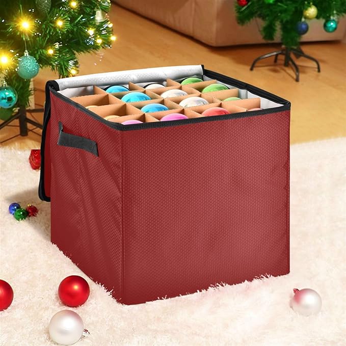 Red Christmas Ornament Storage Basket Box Holiday Storage Container Cube with Adjustable Dividers for 64 Holiday Ornaments or Decorations Keeps Clean and Dry for Next Season