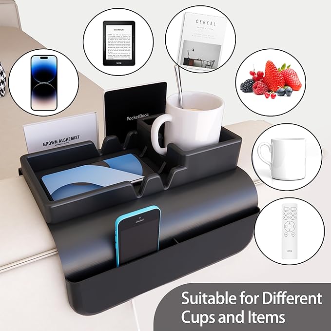 Couch Arm Cup Holder - Silicone Sofa Armrest Tray with 5 Side Pockets, Anti-Slip Armrest Recliner Armchair Caddy, Sofa Table Organizer for Drinks Tablet Remote Snacks Cellphone Cup (Black)