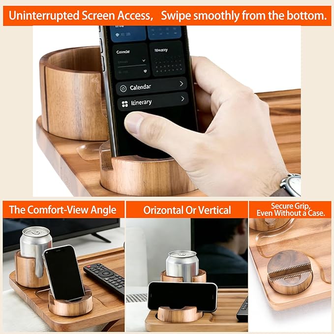 DUMOS Couch Arm Tray, 3 in 1 Clip on Sofa Arm Tray with 360° Rotating Phone Holder, Foldable Couch Armrest Table for Drinks & Snacks, Brown
