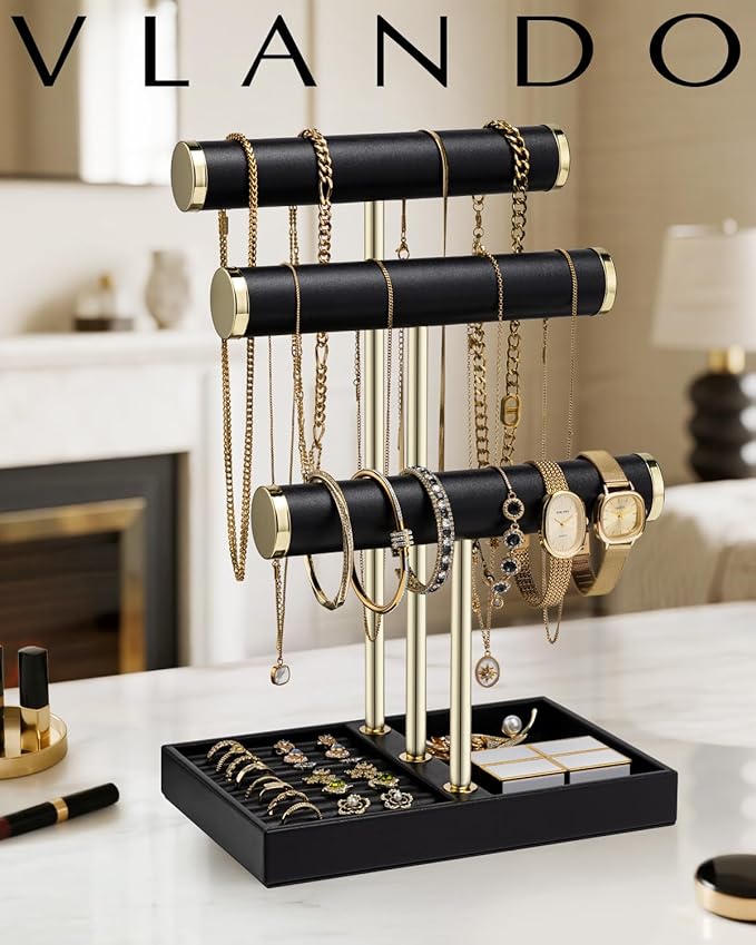 VLANDO 3 Tier Bracelet Holder Organizer with Tray - Mothers Day Gifts Leather Jewelry Stand Organizer for Mom - Jewelry Holder Display for Necklace, Watches, Rings, Earrings, Scrunchie - Cloud White