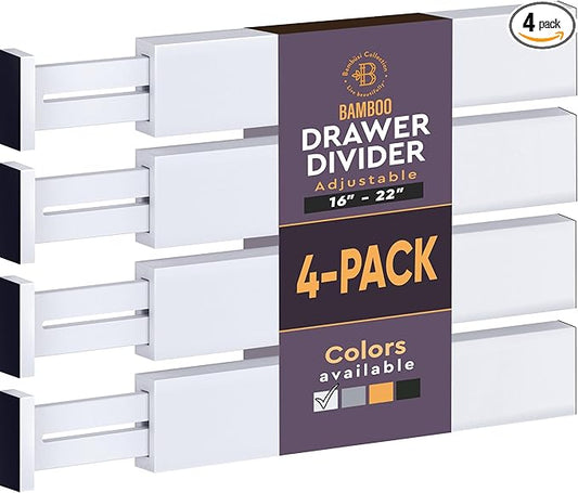 4 Pack Drawer Divider - 2.6" High, 16" to 22" Adjustable Bamboo Drawer Organizers for Clothes, Expandable Dresser Separators in Bedroom/Bathroom/Kitchen/Office Organization and Storage (White)