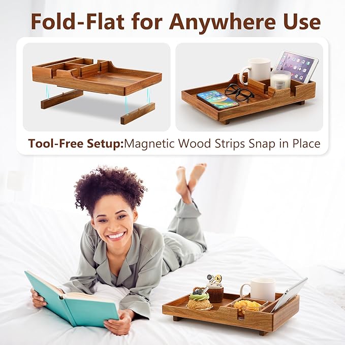 Couch Insert Tray for Middle Seat, Acacia Wood Couch Table with 2 Cup Holders, Fits Armless Sofa & Sectionals, Fold-Flat Tray for Drinks, Snacks & Remotes