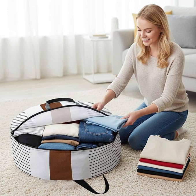 Storage Bag Boho Style Round Storage Totes Bins Closet Organizers with Zippers & Handle Brown Stripe Lines Bohemian Clothes Storage Container for Bedroom Dorm Space Saving Packing Supplies Moving Bags