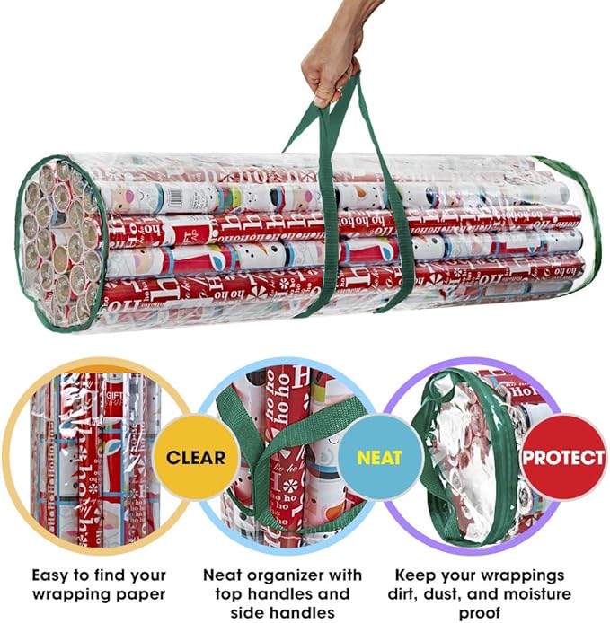 ProPik Christmas Wrapping Paper Storage Bag, Organizer Fits Up to 24 Rolls 40 Inch, Clear Heavy Duty PVC Bag with Handles and Zippered Top for Gift Wrap and Ribbons (Green)