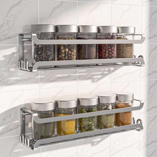 LUCYCAZ 2 Pack Wall Mounted Spice Rack with 8 Hooks, Spice Organizer Shelf for Stove Cabinet Pantry Door,Screw or Adhesive Spice Shelf Hanging Wall Spice Rack in Kitchen and RV (Silver, 2 PACK)