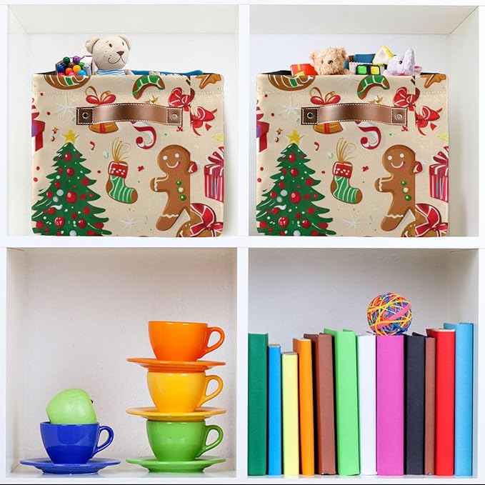 Christmas Storage Basket, Collapsible Canvas Organizer with Festive Pattern, 14.2x10.2x8.3 Inches, Brown Leather Handles, Water-Resistant Interior, for Home Bedroom Storage