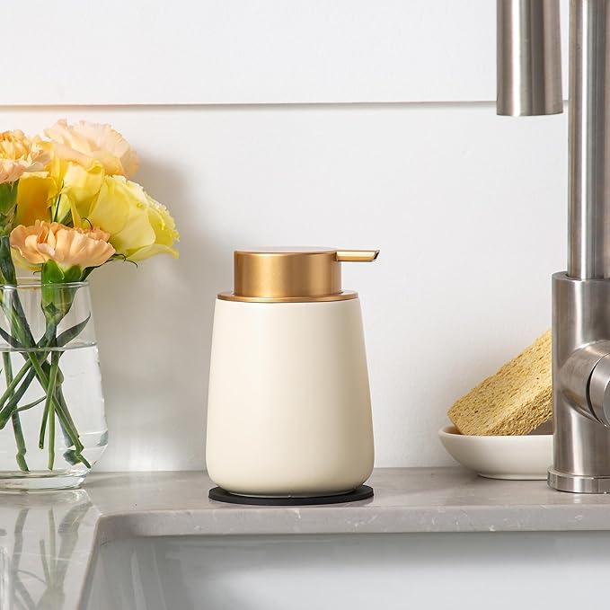 Enra Ceramic Soap Dispenser,12 oz Hand Lotion Dispenser with Gold Pump,Wide-Mouth Refillable Dish Soap Dispenser,Modern Liquid Soap Dispenser for Kitchen & Bathroom Countertop Decor
