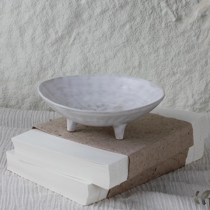 Wabi Sabi Footed Decorative Bowl, Multi-Purpose Small Ceramic Bowl, Vintage Rustic Boho Shelf Table Decor, Natural White