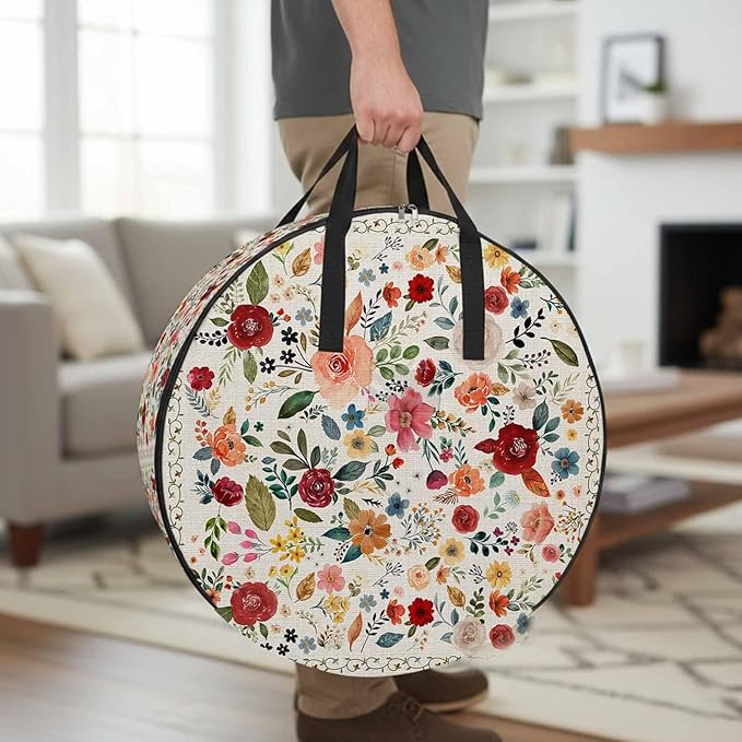 Storage Bag Beige Floral Round Storage Totes Bins Closet Organizers with Zippers & Handle Farmhouse Vintage Flower Clothes Storage Container for Bedroom Dorm Space Saving Packing Supplies Moving Bags
