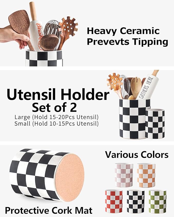 Checkered Kitchen Utensil Holder - 7.1"+5.8" Ceramic Utensil Crock for Countertop, Kitchen Decor and Accessories for counte (Black)