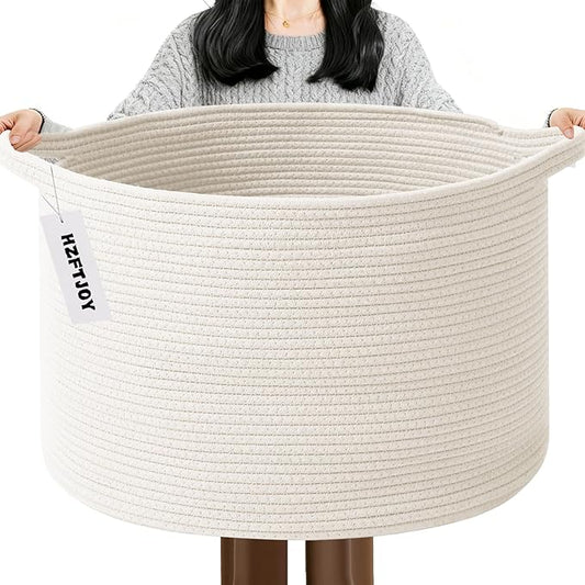 65L Large Woven Cotton Rope Blanket Basket with Handles, Laundry Hamper Storage Bin for Pillows, Comforters,Clothes, Toys, Nursery, Bedroom and Living Room Organization,White