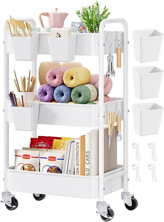 3 Tier Rolling Cart Metal with Wheels, White Three Tiered Craft Cart Organizer on Wheels, Storage Utility Carts for Art, Baby Nursery,Diaper Caddy, Cleaning Supplies, Nail,Lash,Snack,Book,Roller Shelf