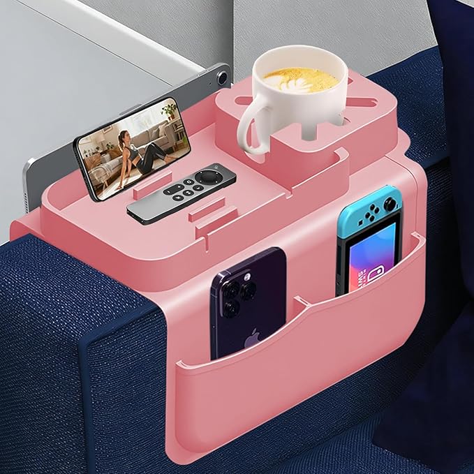 Silicone Couch Cup Holder Tray with Tablet & Phone Stand, Anti-Slip Sofa Arm Organizer with Dual Side Pockets for Remotes, Snacks, Headphones, Glasses, Drinks (Pink)