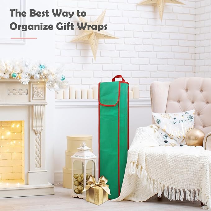 2 Psc Gift Wrapping Paper Organizer Storage Bag Containers with Pocket and Handles, 29" x 5.5" x 5.5", Green